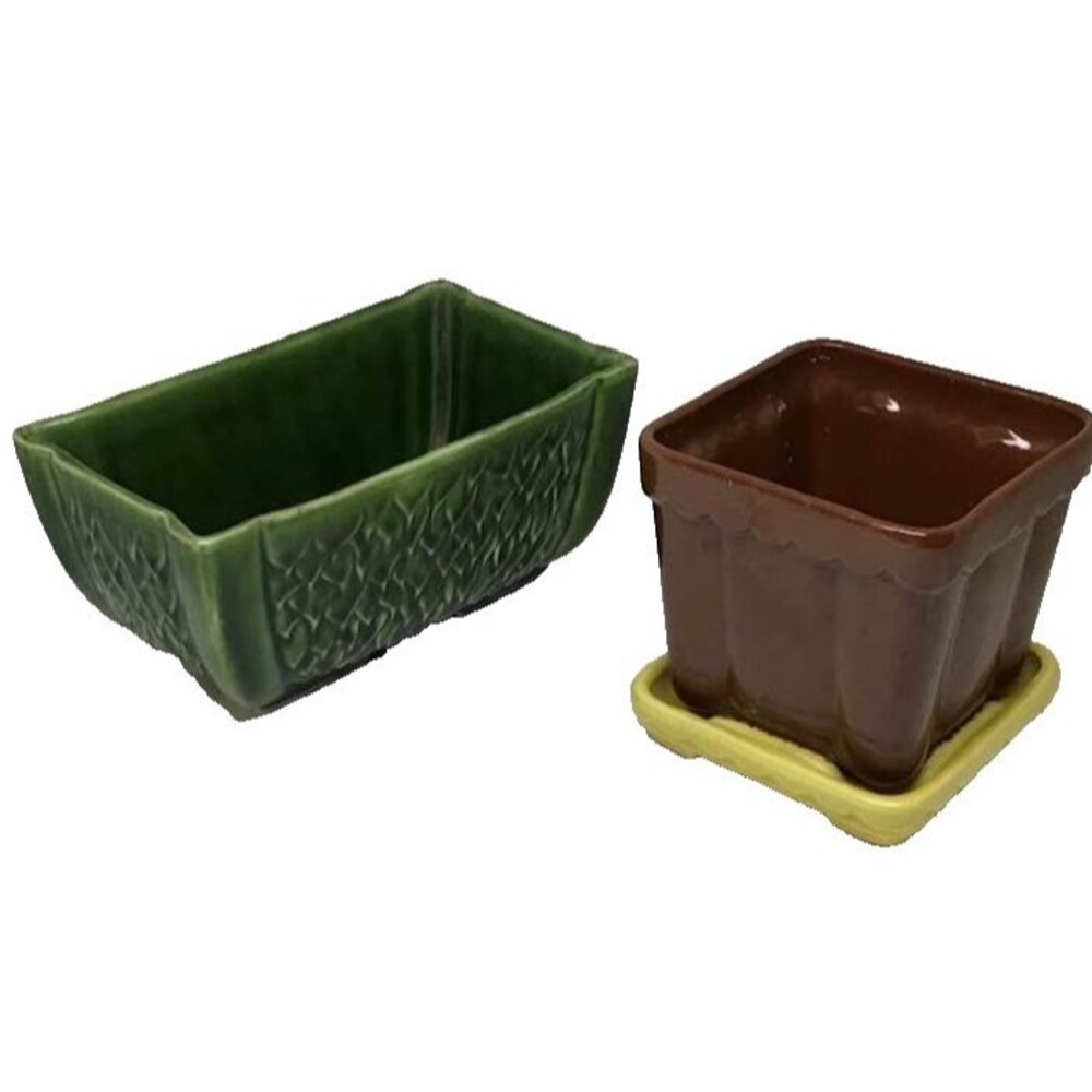 Vintage Pottery Planters Shawnee USA 76 410 Yellow Brown Green Lot 2 Leaf Saucer
